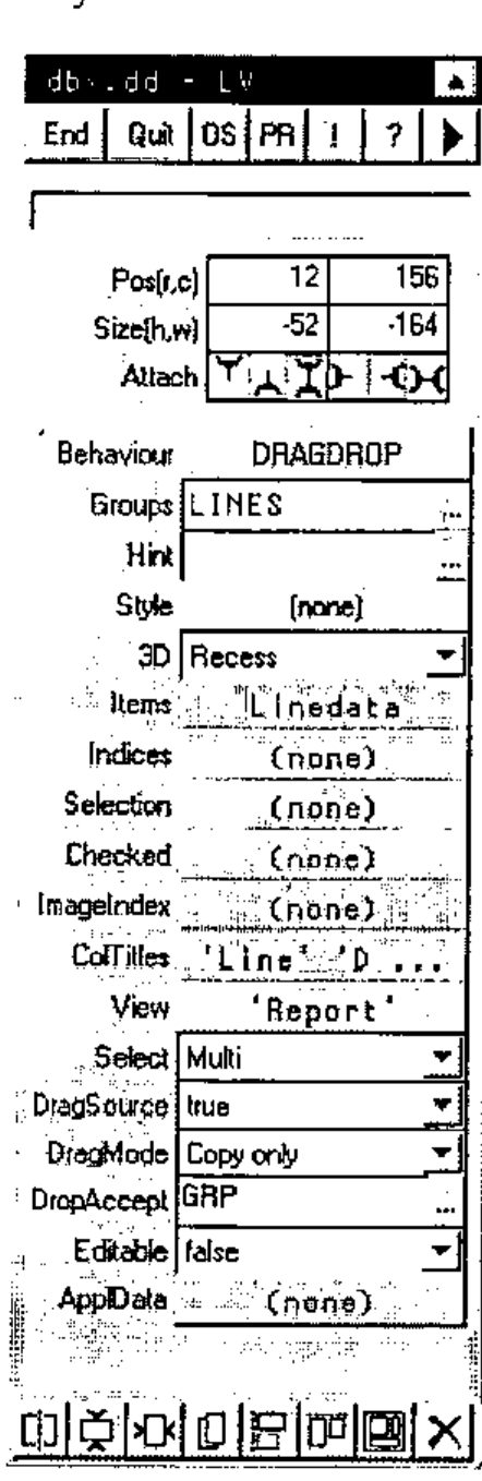 The ListView property sheet: Behaviour DRAGDROP, Groups LINES, Items Linedata, ColTitles 'Line' 'D…, View 'Report', Select Multi, DragSource true, DragMode Copy only, DropAccept GRP, Editable false