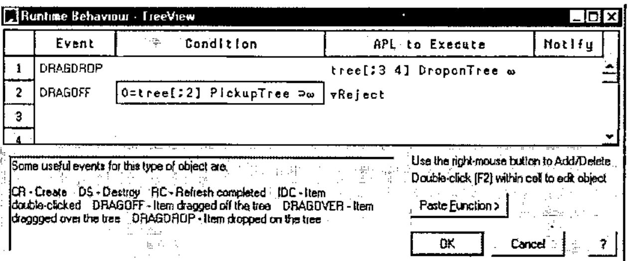 The Runtime Behaviour dialogue for the TreeView: event DRAGDROP runs tree[;3 4] DroponTree ⍵; event DRAGOFF has condition 0=tree[;2] PickupTree ⊃⍵ and action ∇Reject
