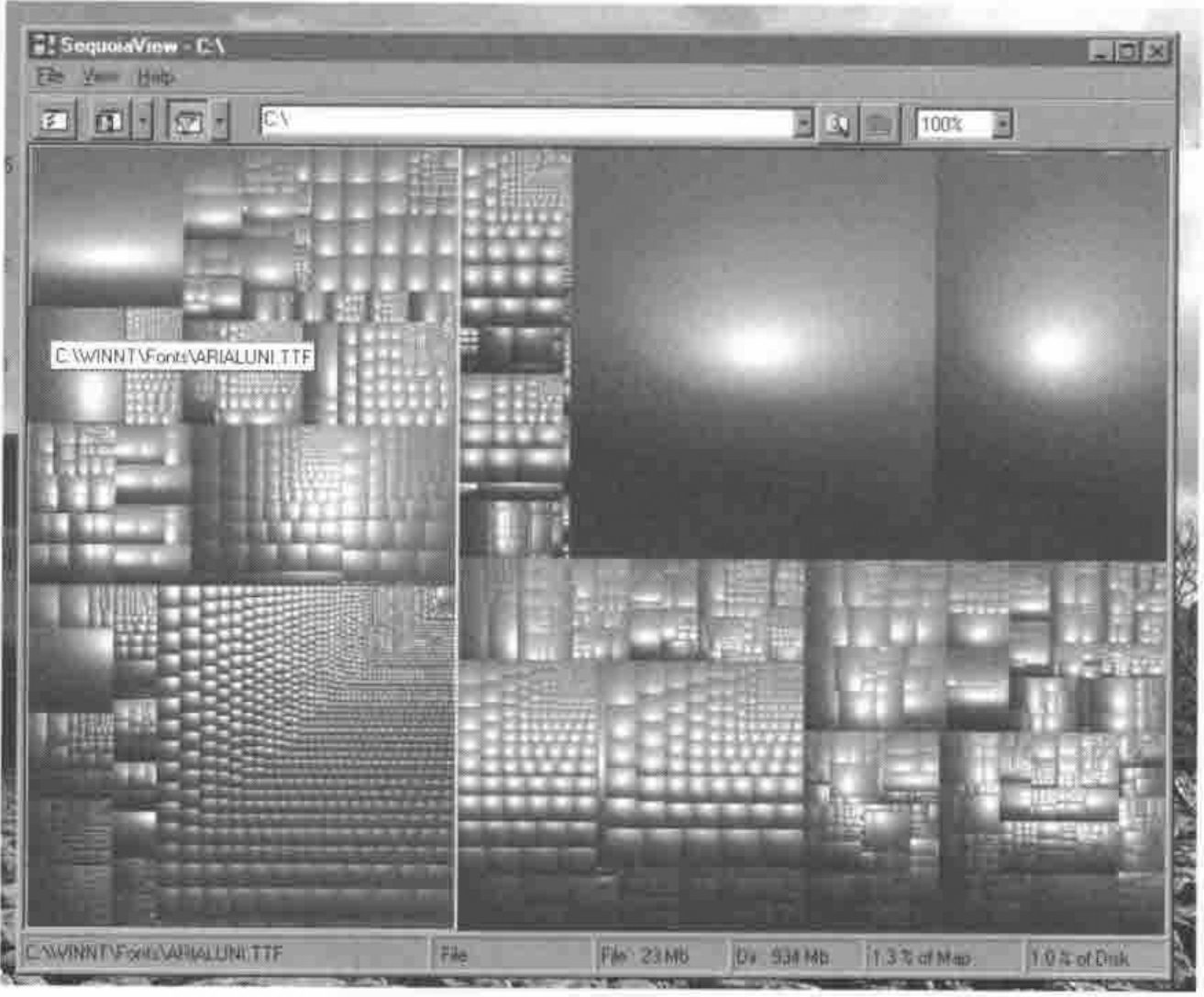 SequoiaView’s treemap of drive C:, with the tip C:\WINNT\Fonts\ARIALUNI.TTF showing