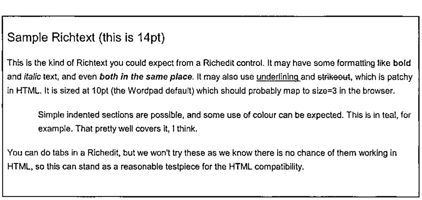 Sample Richtext (this is 14pt), followed by a paragraph with bold, italic, bold italic, underlined and struck-out words, an indented paragraph with a phrase in teal, and a closing paragraph