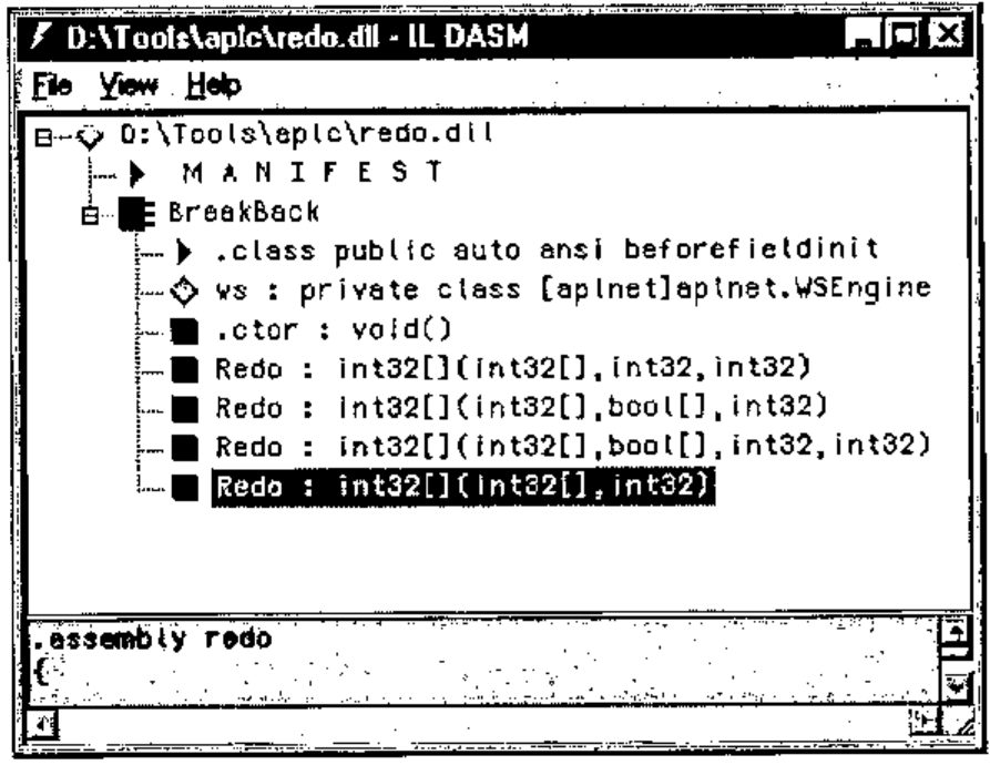 IL DASM showing redo.dll: class BreakBack with the field ws, the constructor and four Redo overloads