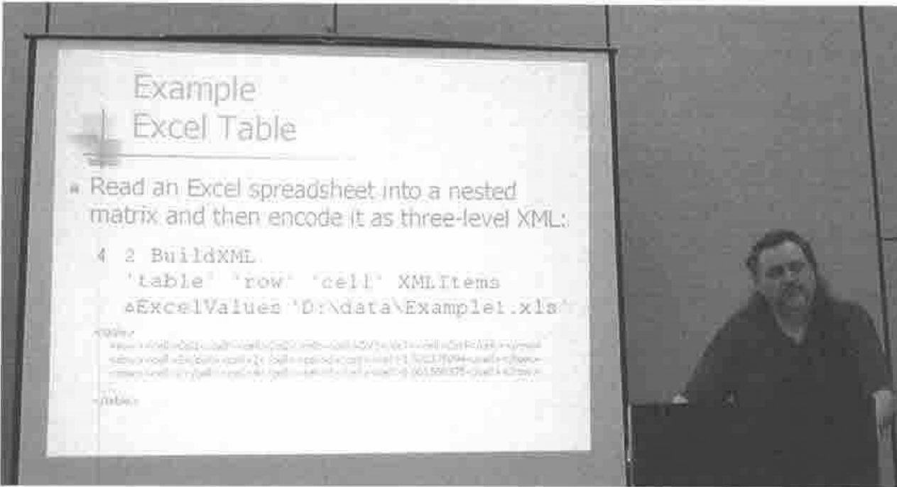 Davin Church beside a slide headed Example Excel Table: Read an Excel spreadsheet into a nested matrix and then encode it as three-level XML