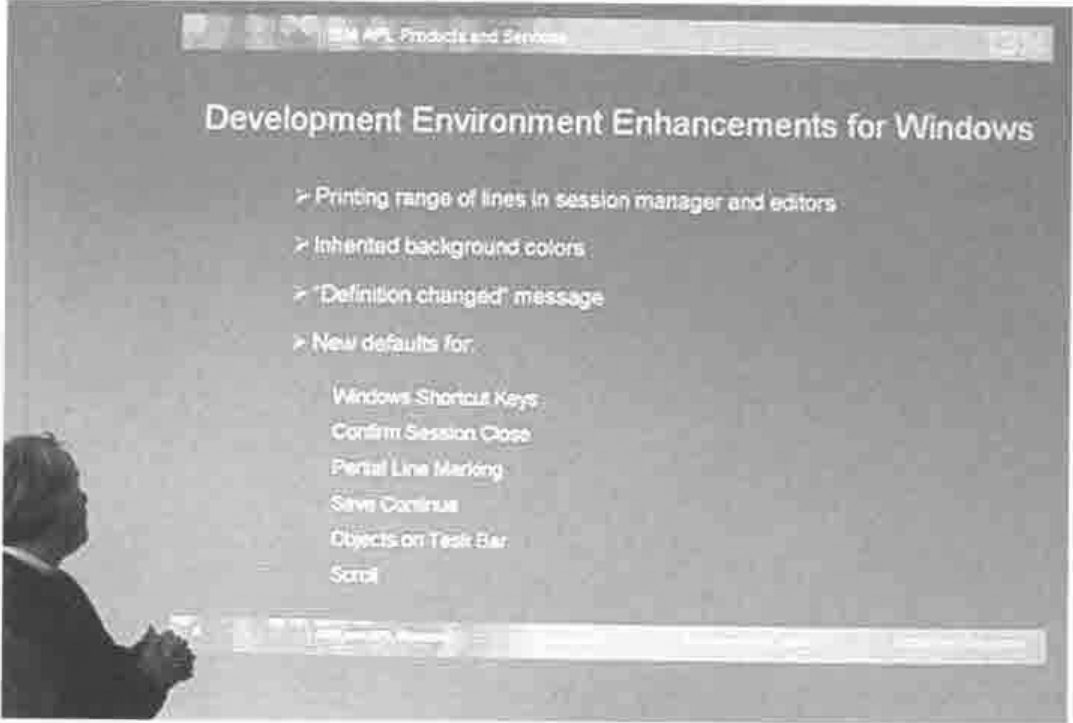 A slide: Development Environment Enhancements for Windows — printing range of lines in session manager and editors; inherited background colors; “Definition changed” message; new defaults for Windows shortcut keys, confirm session close, partial line marking, save continue, objects on task bar, scroll