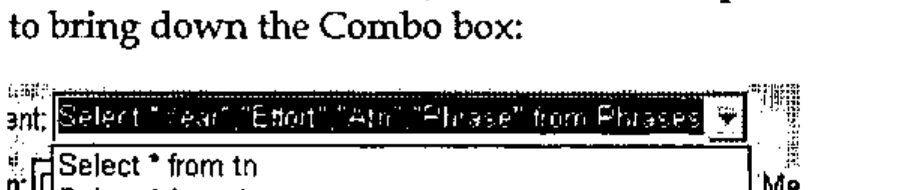 The Statement combo box open, listing Select * from tn, Select * from Atn, and Select "Year","Effort","Atn","Phrase" from Phrases