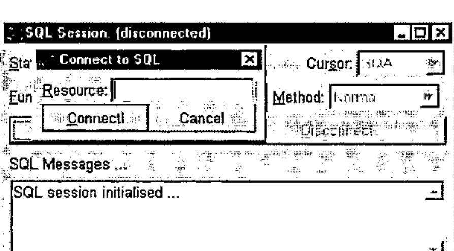 The Connect to SQL dialog over the main window, with a Resource field and Connect! and Cancel buttons