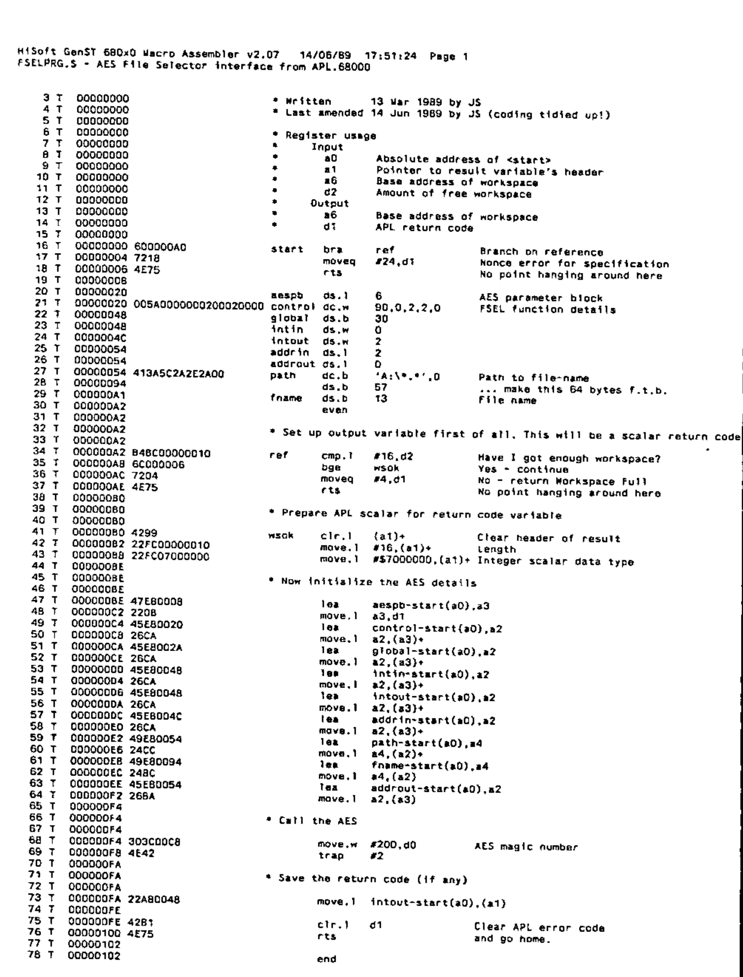 The assembler listing of FSELPRG.S, “AES File Selector interface from APL.68000”, from the HiSoft GenST 680x0 Macro Assembler v2.07, 14/06/89: line numbers, addresses and object code beside the source, which defines the AES parameter block, a path of 'A:*.*', and code that checks for workspace, prepares an integer scalar result, initialises the AES details, calls the AES (move.w #200,d0; trap #2) and saves the return code