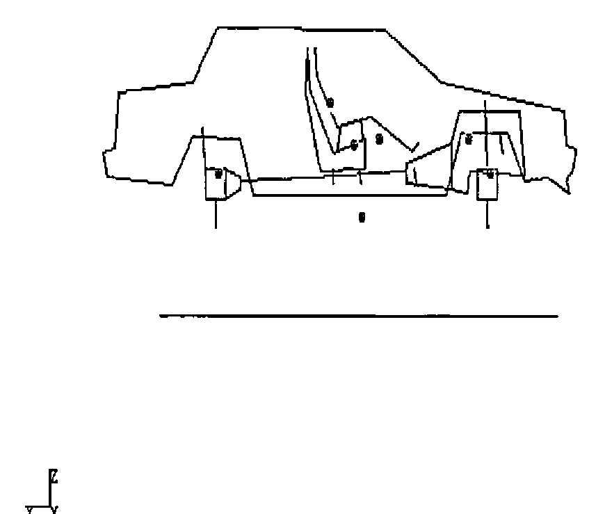 A wire-frame side view of a car body with suspension and seats marked, and X Y Z axes