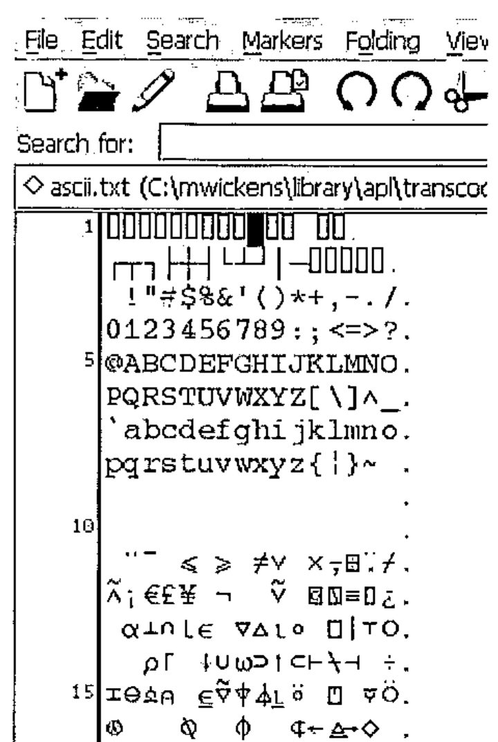 jEdit showing ascii.txt, a dump of the SHARP APL character set, in the SImPL font