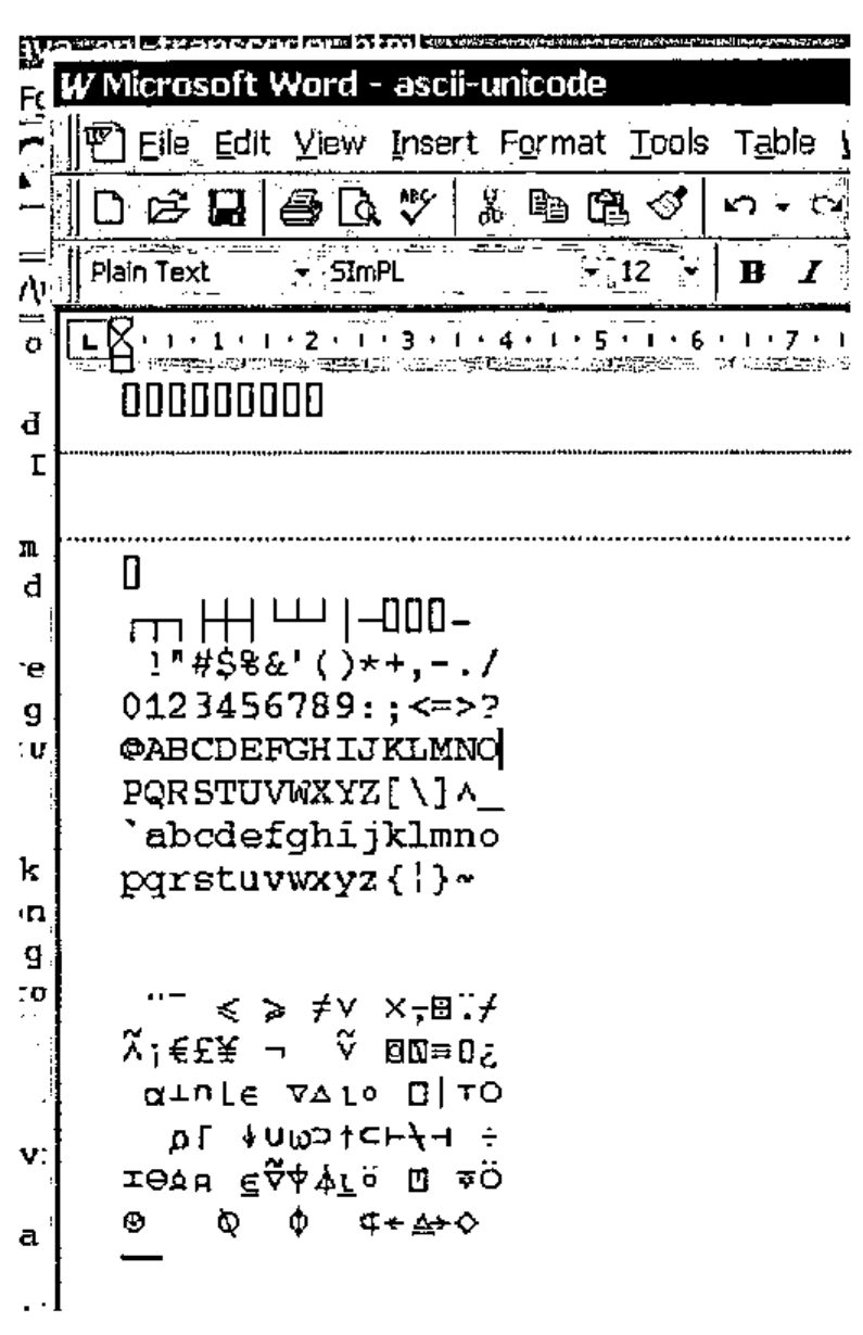 Microsoft Word showing the same character dump, saved as Unicode, in the SImPL font