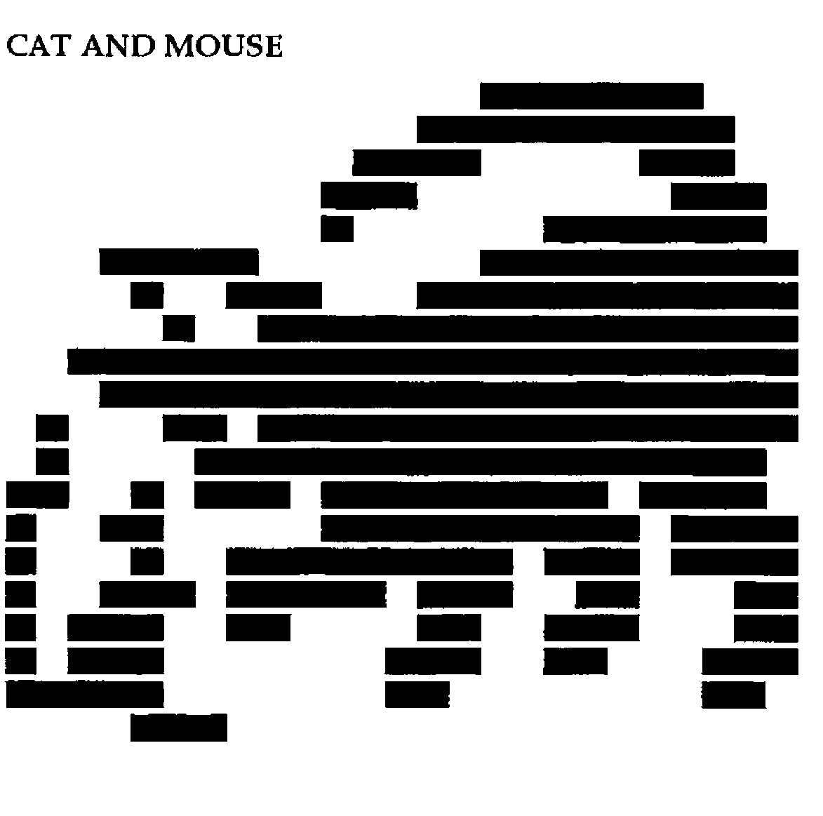 The solved nonogram: a black-and-white picture of a cat and a mouse