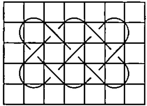 A 3 by 2 solid pattern with a 7 by 5 grid overlaid; the crossings fall inside cells