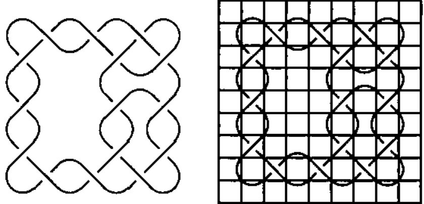 A 4 by 4 pattern with a hole and a split band, shown on its own and with its grid