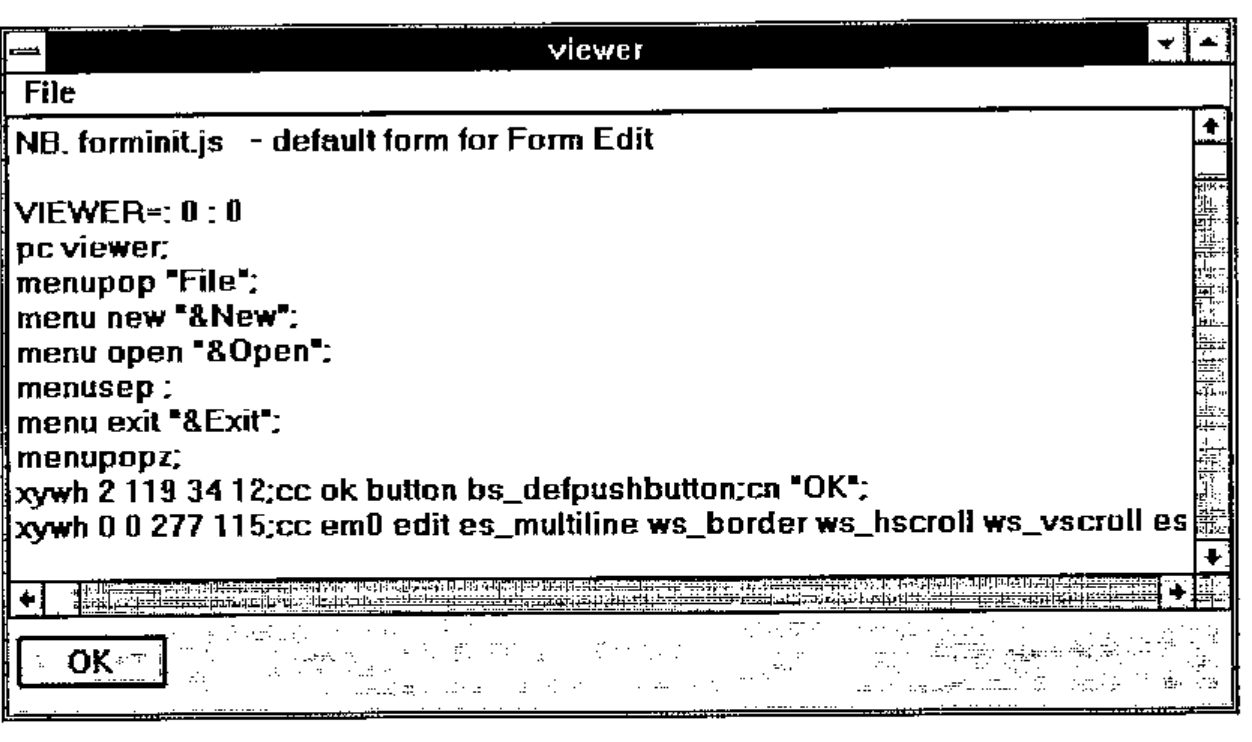 The finished viewer, with a File menu, showing the generated form definition in a read-only edit control, and an OK button