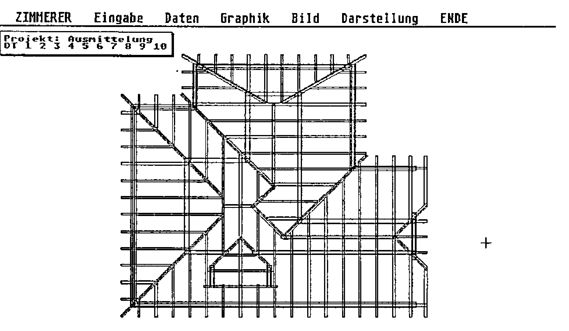 ZIMMERER screen “Projekt: Ausmittelung”: plan of all the rafters, hips and valleys of the roof, including a dormer window
