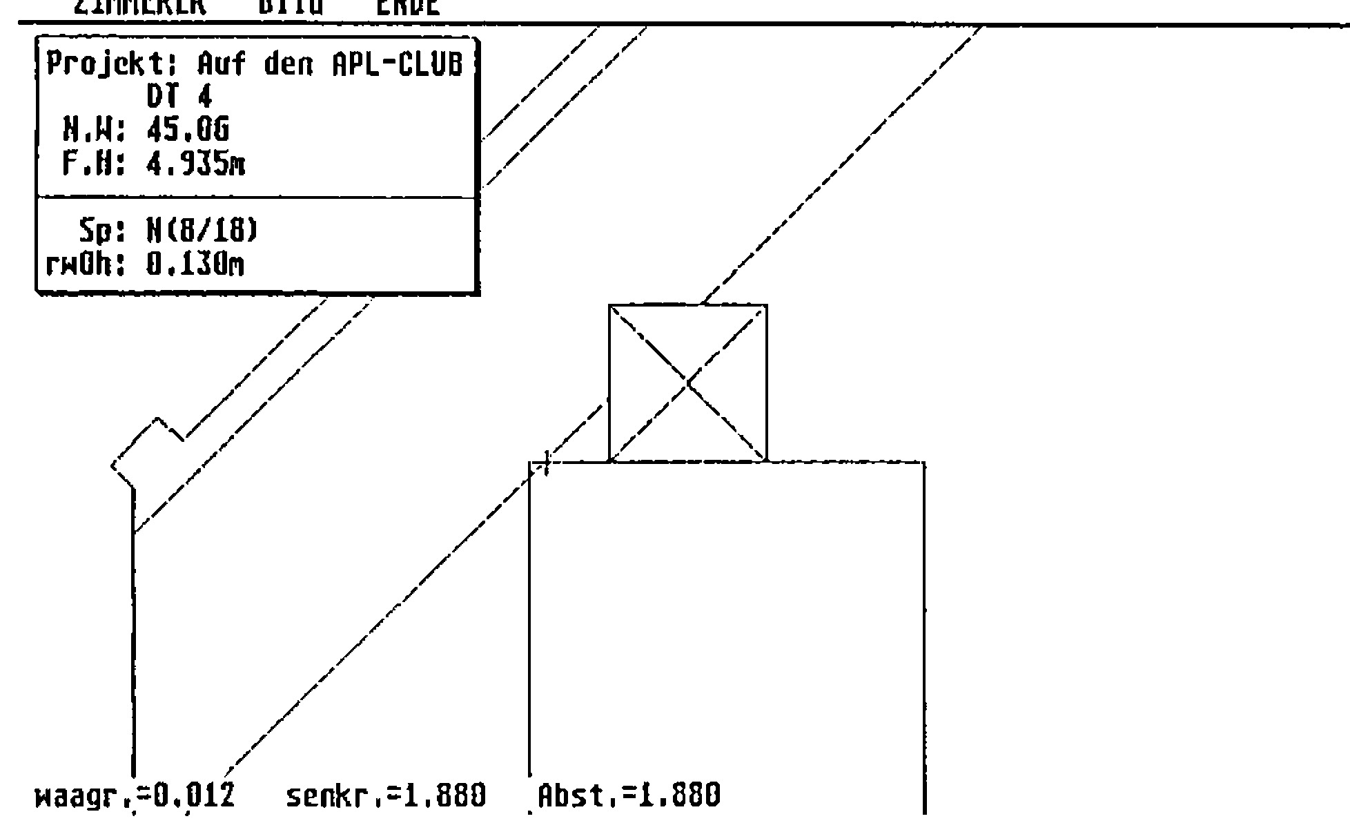 ZIMMERER screen “Projekt: Auf den APL-CLUB”: close-up of a rafter meeting a wall plate, with the cut dimensions waagr.=0.012, senkr.=1.880, Abst.=1.880