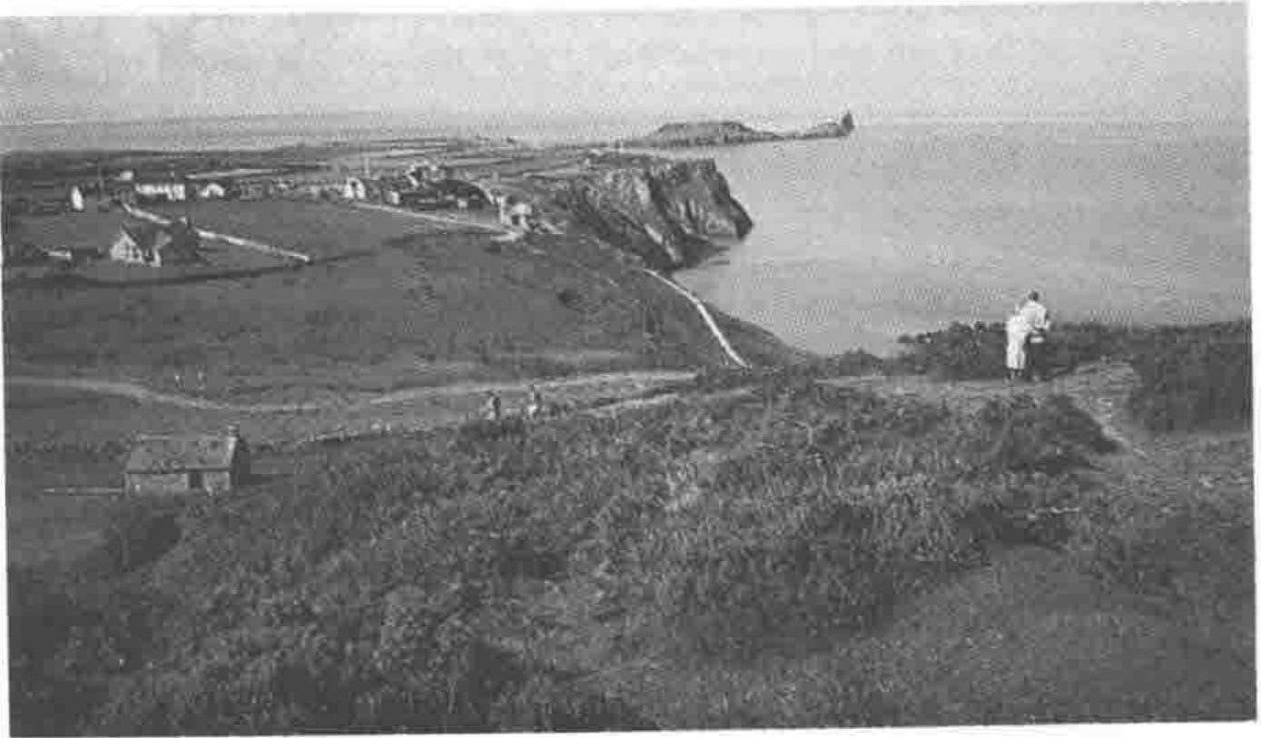 A view of the coast, with a headland and a tidal island beyond