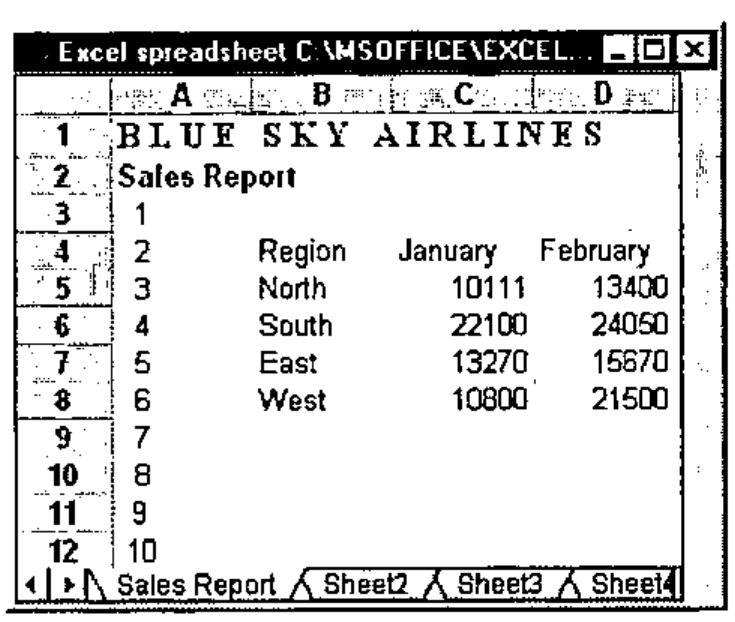The same window after the array assignment: the title now reads “BLUE SKY AIRLINES” and column A holds the numbers 1 to 10 in rows 3 to 12