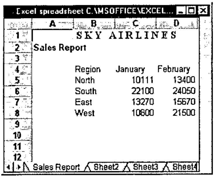 Formula One window titled “Excel spreadsheet C:\MSOFFICE\EXCEL…”, showing the Sales Report sheet of Sky Airlines: January and February figures for North, South, East and West