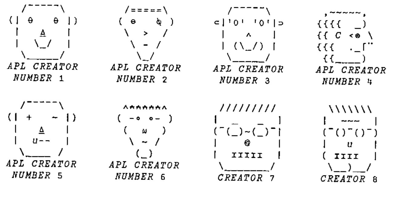 Eight character-drawn faces, labelled APL CREATOR NUMBER 1 to 6, CREATOR 7 and CREATOR 8