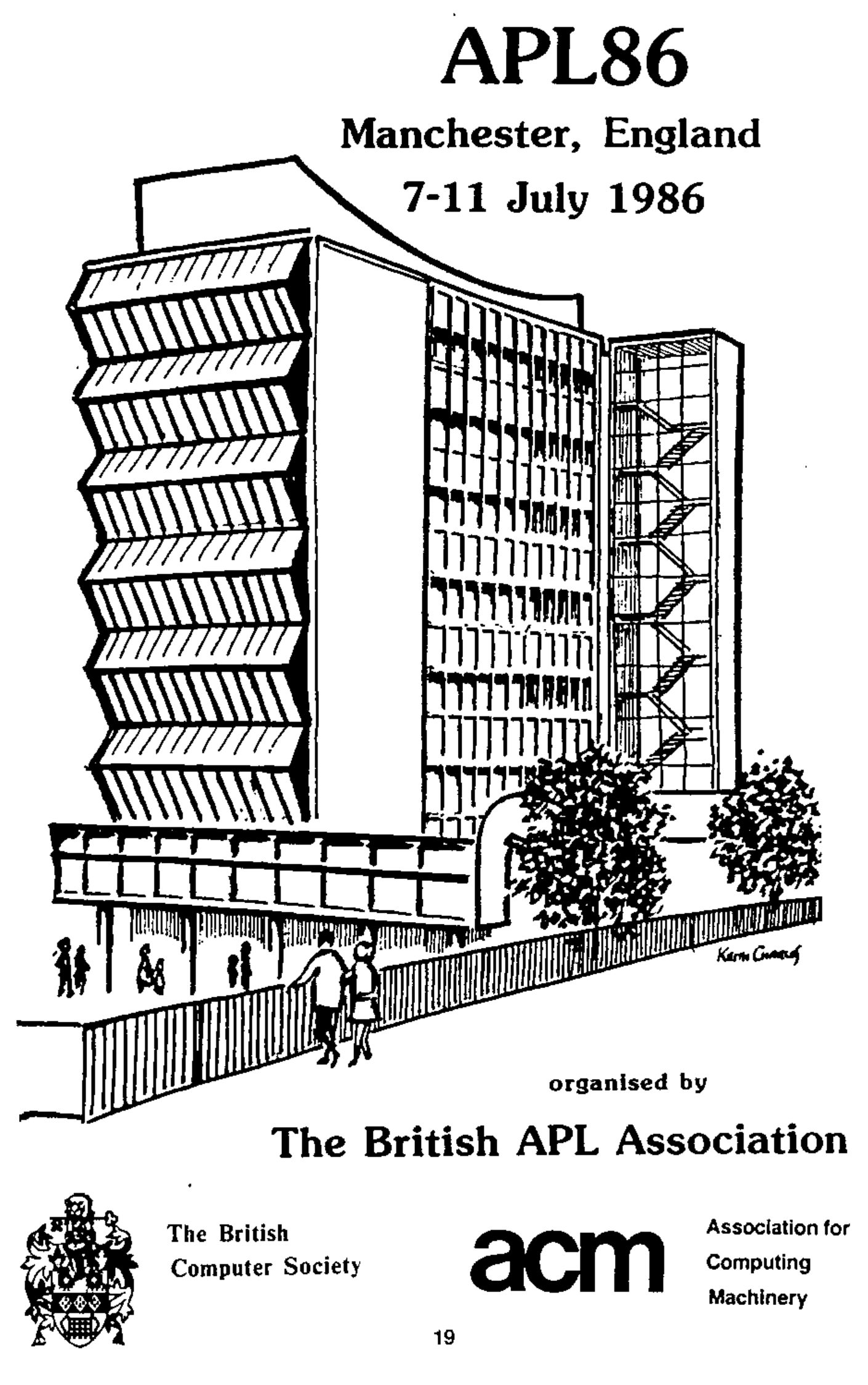 Cover of the APL86 preliminary brochure: a drawing of a modern multi-storey university building at UMIST, headed “APL86, Manchester, England, 7-11 July 1986” and “organised by The British APL Association”, with the arms of the British Computer Society and the acm logo of the Association for Computing Machinery