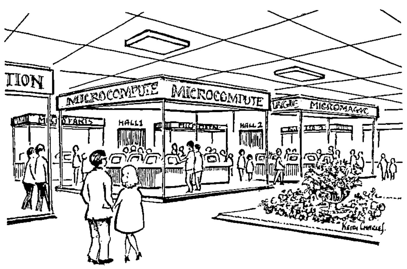 Drawing of an exhibition hall: visitors stroll past stands with banners reading “MICROCOMPUTE” and “MICROMAGIC”, with rows of terminals inside