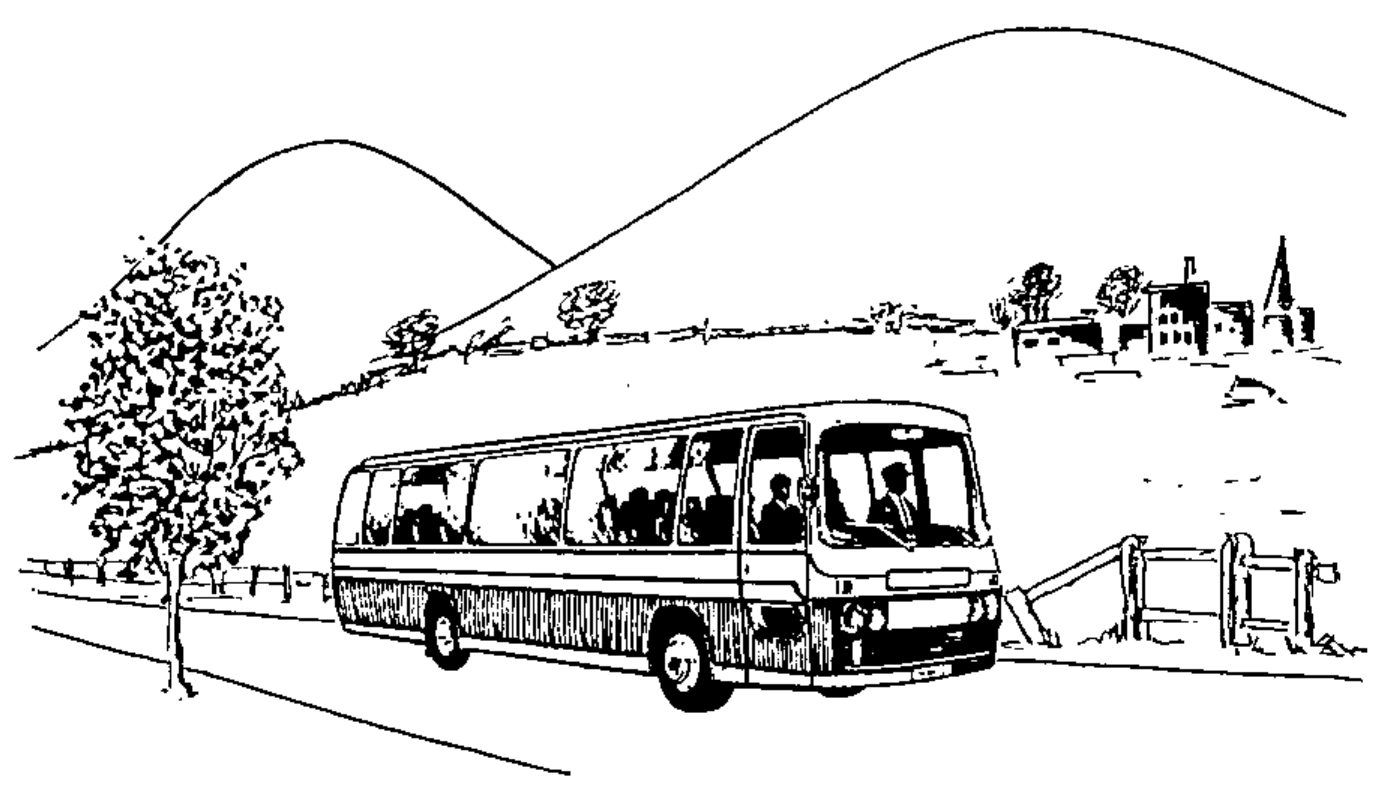 Drawing of a coach on a country road, with hills and a village church behind