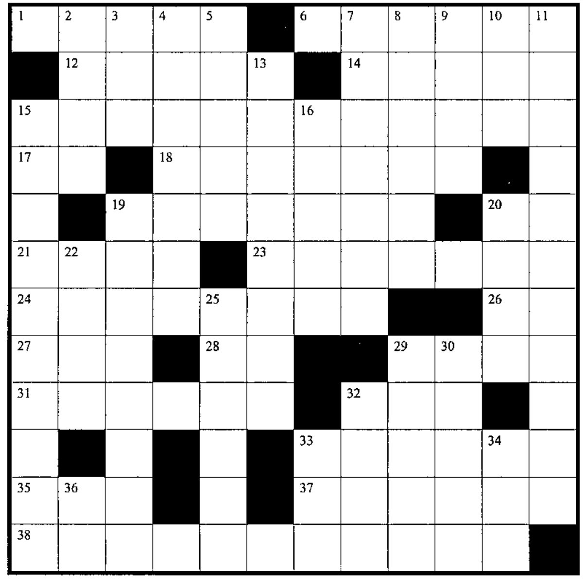 The empty 12 by 12 crossword grid, numbered 1 to 38