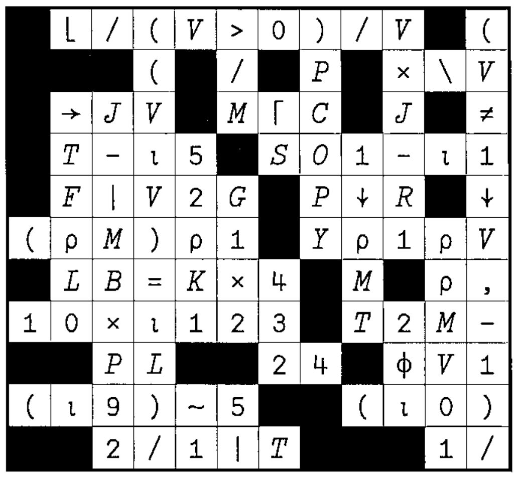 The completed 12 by 12 crossword grid from Vector 19.4, filled with APL symbols, names and digits; row 1 reads ⌊ / ( V > 0 ) / V, and the bottom row reads 2 / 1 | T and 1 /
