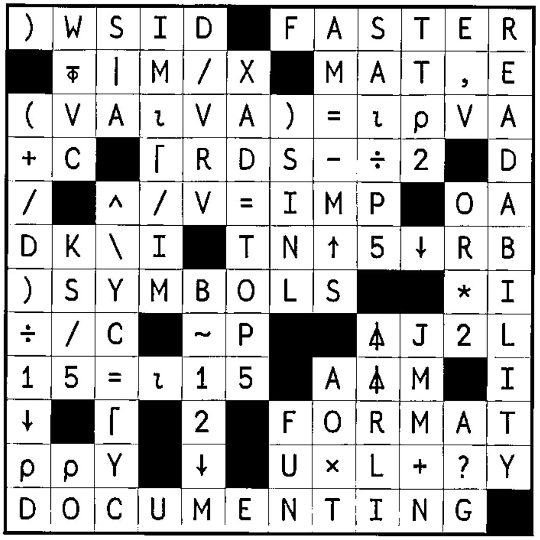 The completed 12 by 12 crossword grid from Vector 20.1, filled with APL symbols, names and words; row 1 reads )WSID and FASTER, and the bottom row reads DOCUMENTING