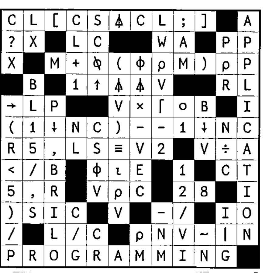 The completed 12 by 12 crossword grid from Vector 20.3, filled with APL symbols, names and digits; row 1 reads C L [ C S ⍋ C L ; ] and A, and the bottom row reads P R O G R A M M I N G