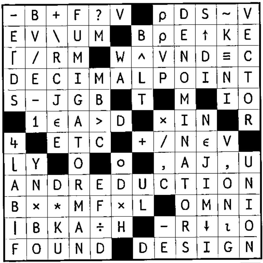 The completed 12 by 12 crossword grid from Vector 21.1, filled with APL symbols, names and digits; row 1 reads - B + F ? V, then ρ D S ~ V; the right column reads VECTOR, then UNION; the bottom row reads FOUND and DESIGN