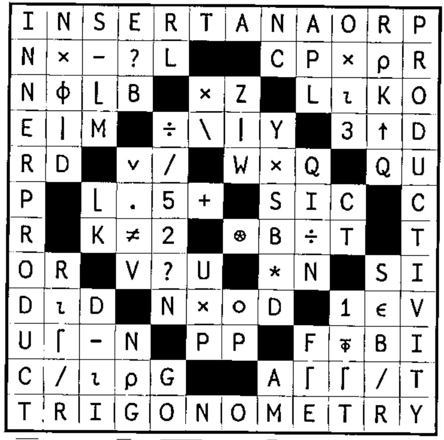 The completed 12 by 12 crossword grid from Vector 21.2, filled with APL symbols, names and digits; the top row reads INSERTANAORP, the left column INNERPRODUCT, the right column PRODUCTIVITY and the bottom row TRIGONOMETRY