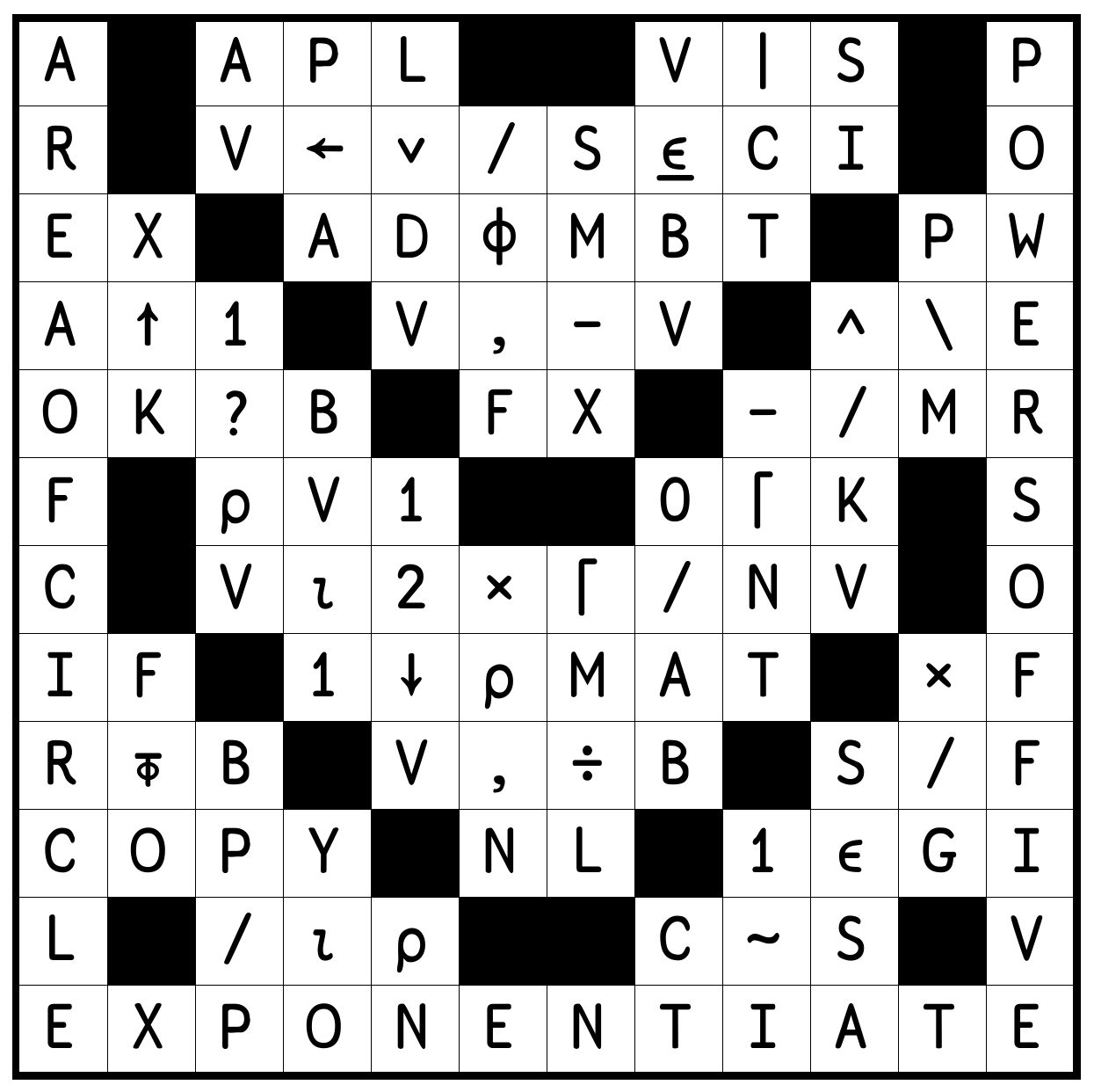The completed 12 by 12 crossword grid from Vector 21.3, filled with APL symbols, names and digits; the top row reads A, APL, V|S, P; the left column AREAOFCIRCLE, the right column POWERSOFFIVE and the bottom row EXPONENTIATE