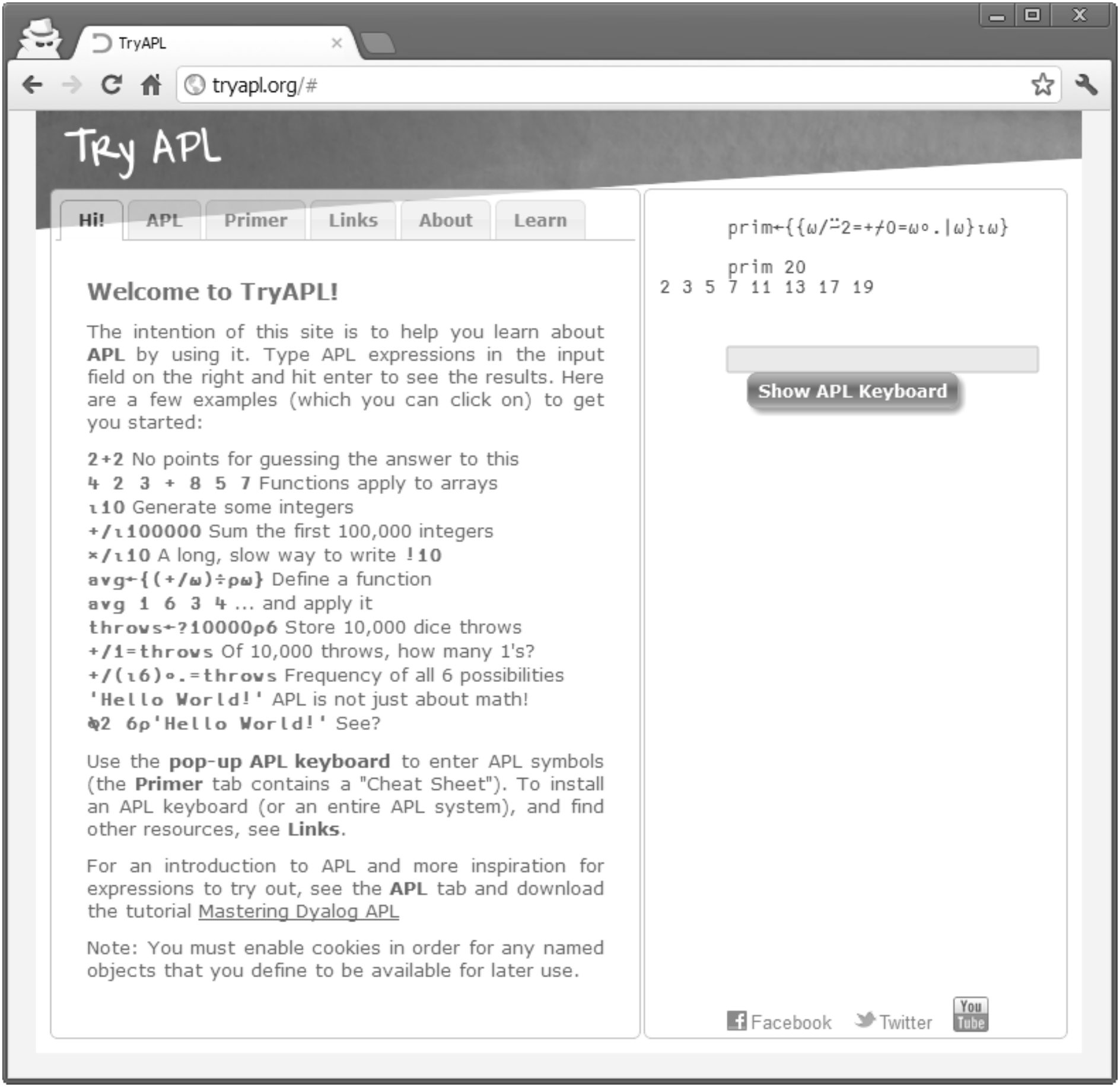 Screenshot of tryapl.org in a web browser: a welcome panel with example expressions on the left, and a session panel on the right
