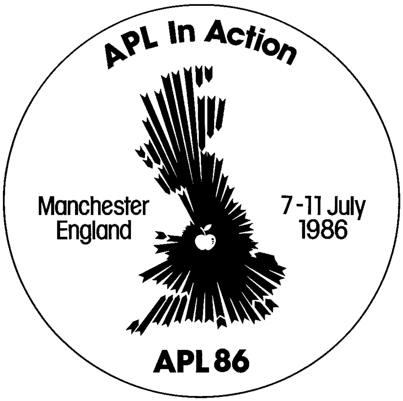 APL86 logo: “APL In Action”, a map of Great Britain made of arrows radiating from an apple at Manchester; Manchester England, 7–11 July 1986; APL86