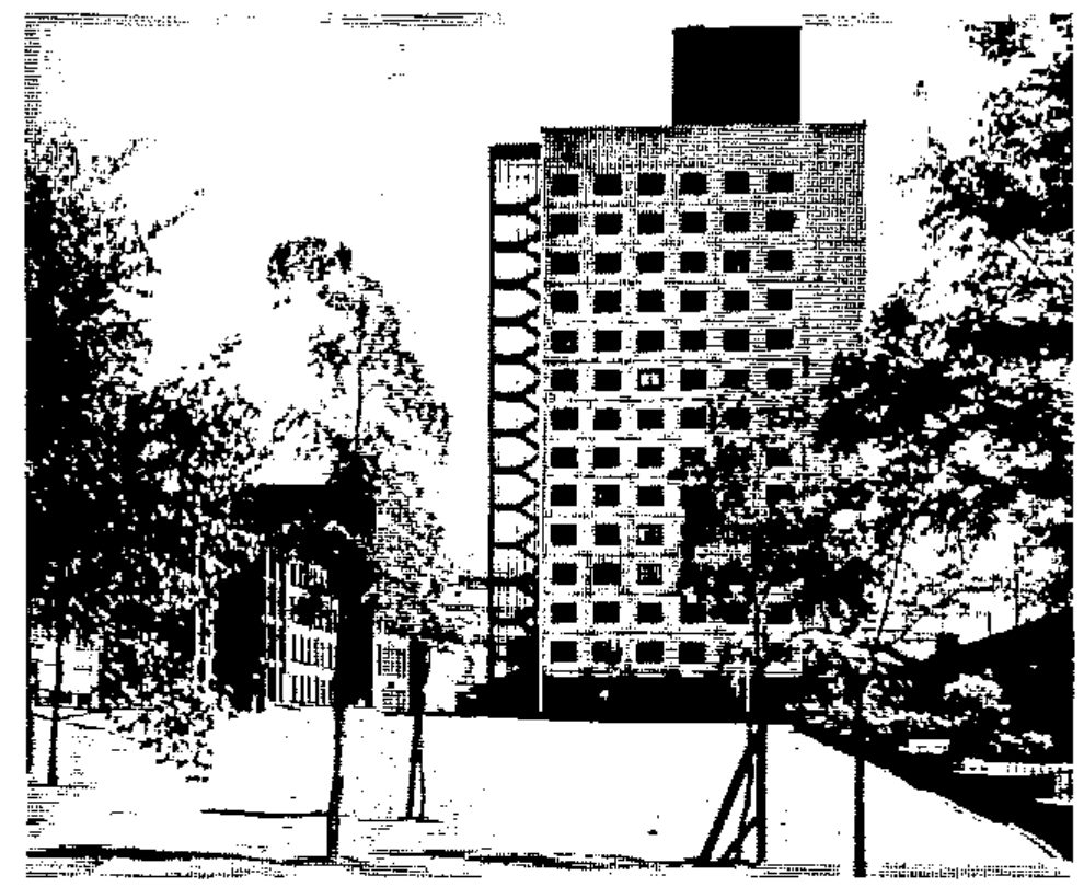 Photograph: a tower block of the UMIST halls of residence among trees