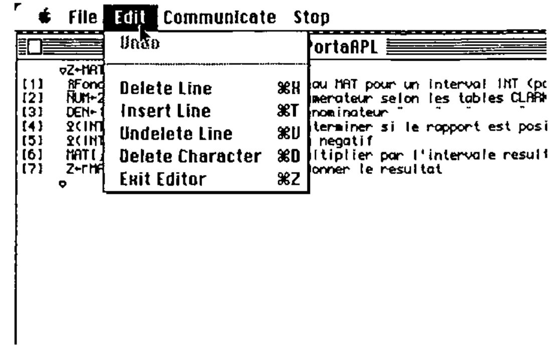 Macintosh screen: the PortaAPL Edit menu pulled down (Undo, Delete Line, Insert Line, Undelete Line, Delete Character, Exit Editor, with their command keys) over a function being edited