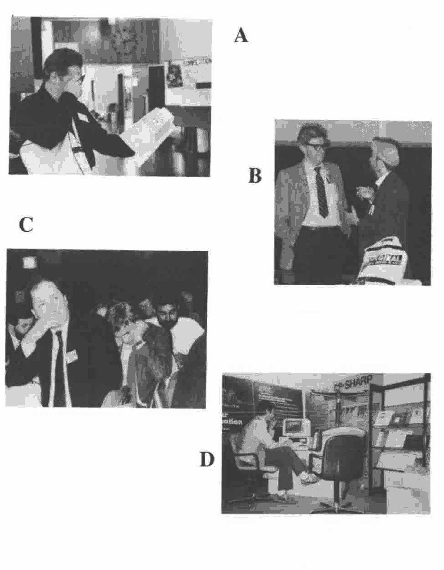 Four photographs from APL86, lettered A to D: A, a man in dark glasses holding a newspaper in a hall; B, two men talking, one in a jacket and tie; C, delegates in an audience, one yawning; D, a man at a terminal on the I.P. Sharp stand