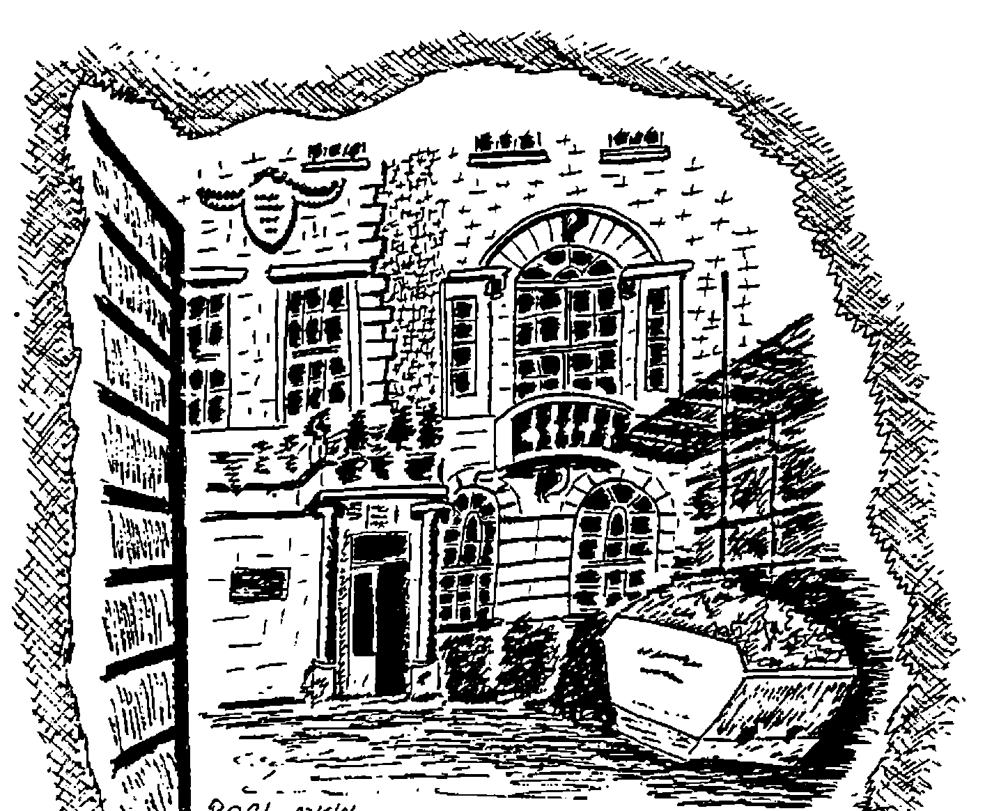 Pen drawing of the courtyard of the Royal Over-Seas League, signed ROSL 23/5/86 and ACDS