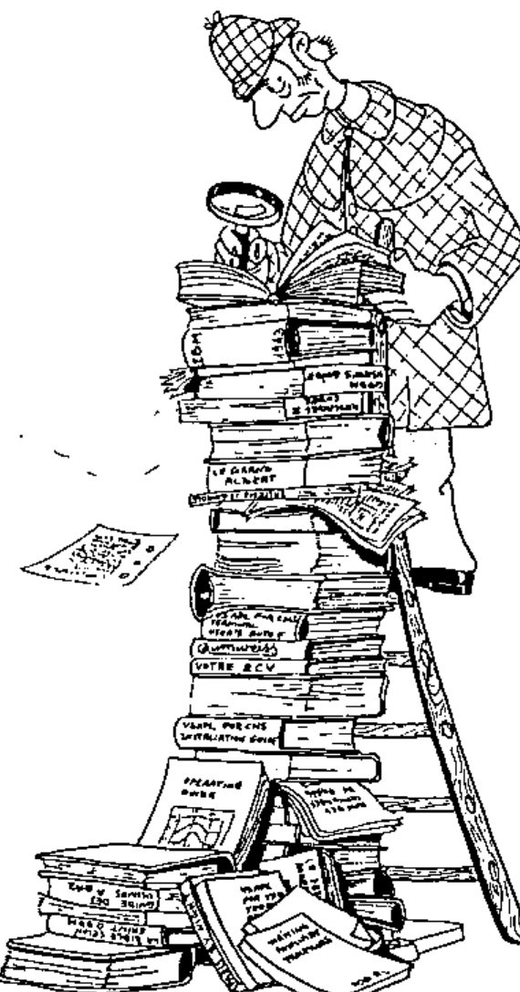 Cartoon: a detective in a deerstalker on a ladder peers through a magnifying glass at the top of a tall, toppling stack of manuals