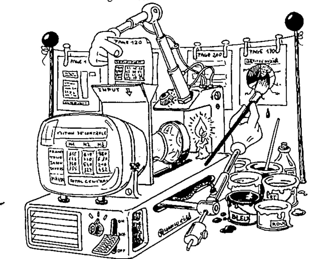 Cartoon: a ramshackle machine with a screen showing a table of figures, an input hopper, pages pegged on a line behind it, and a hand painting a pie chart from pots of paint labelled BLEU and ROUGE