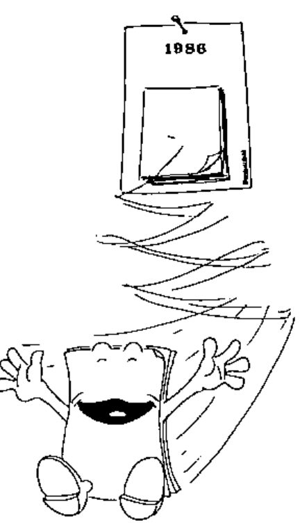 Cartoon: a page tears itself free from a 1986 tear-off calendar and leaps away, arms flung wide and laughing