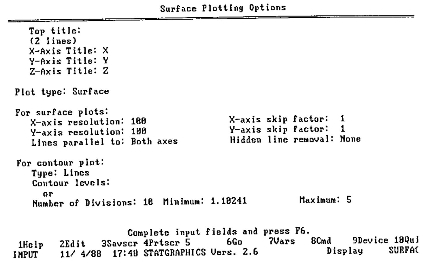 Statgraphics Surface Plotting Options screen: axis titles, plot type Surface, surface and contour plot settings