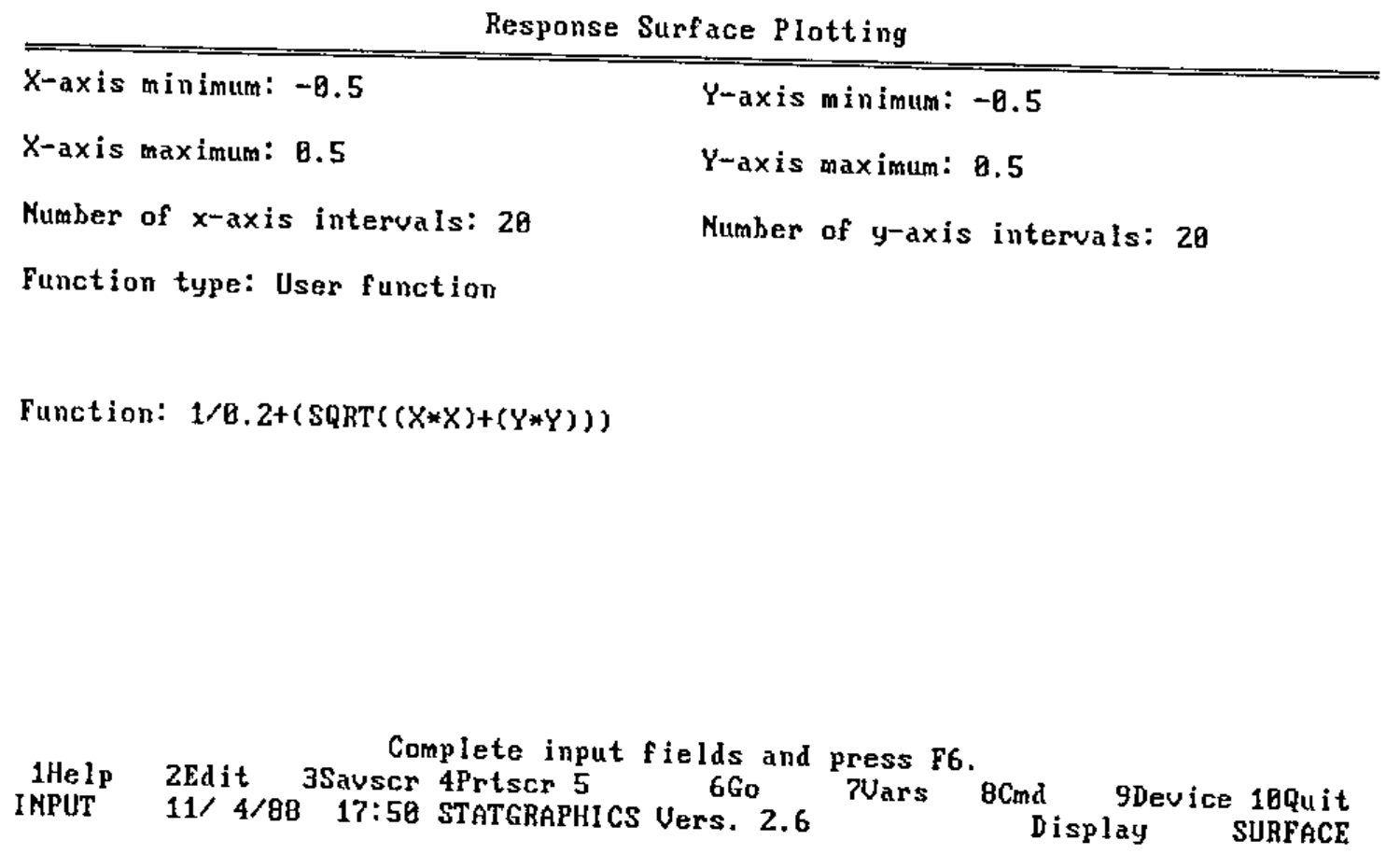 Statgraphics Response Surface Plotting screen: axes from −0.5 to 0.5 with 20 intervals, user function 1/0.2+(SQRT((X*X)+(Y*Y)))