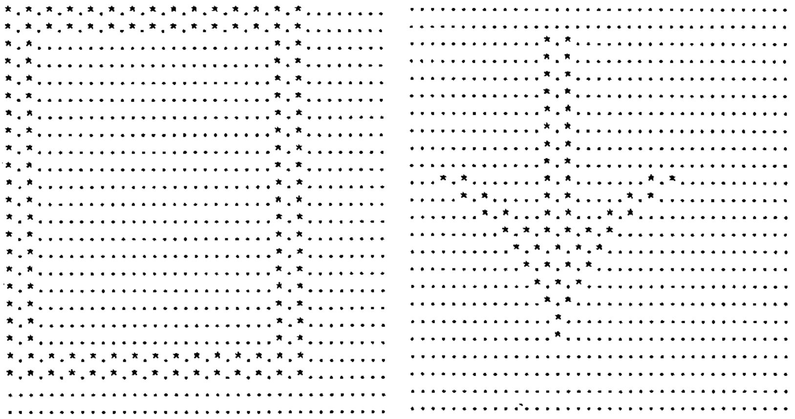 Two sample characters of the font as designed, on a grid of dots with the printed dots marked by stars