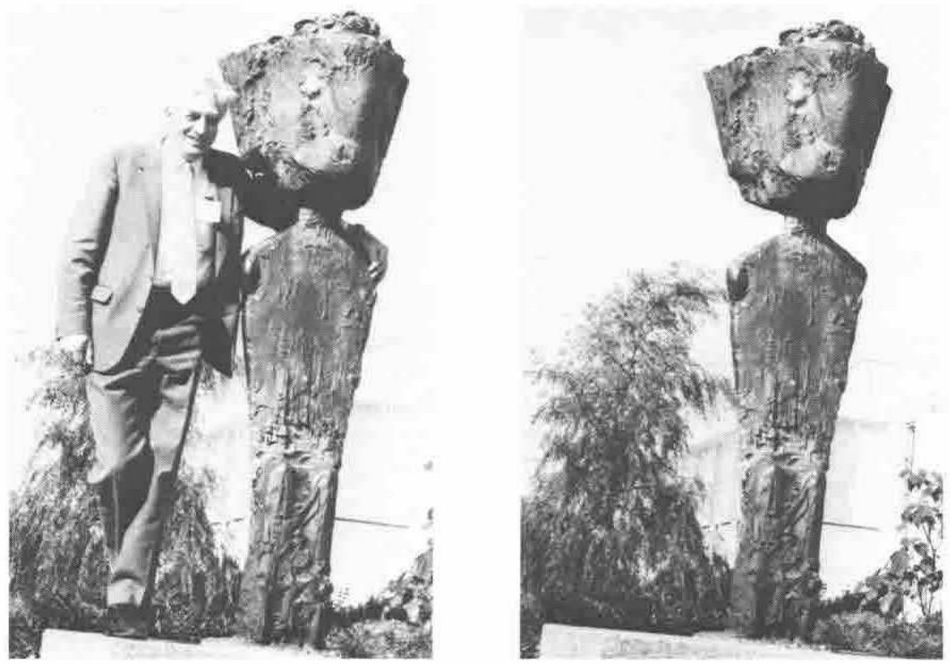 Two photographs side by side: on the left, Mike Kingston leaning against a tall sculpture topped with a large vase-like block; on the right, the same sculpture alone