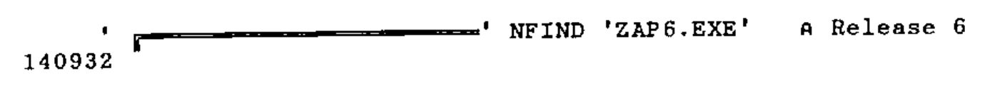 The expression '…' NFIND 'ZAP6.EXE' ⍝ Release 6, where the quoted string is a run of line-drawing characters, with its result 140932