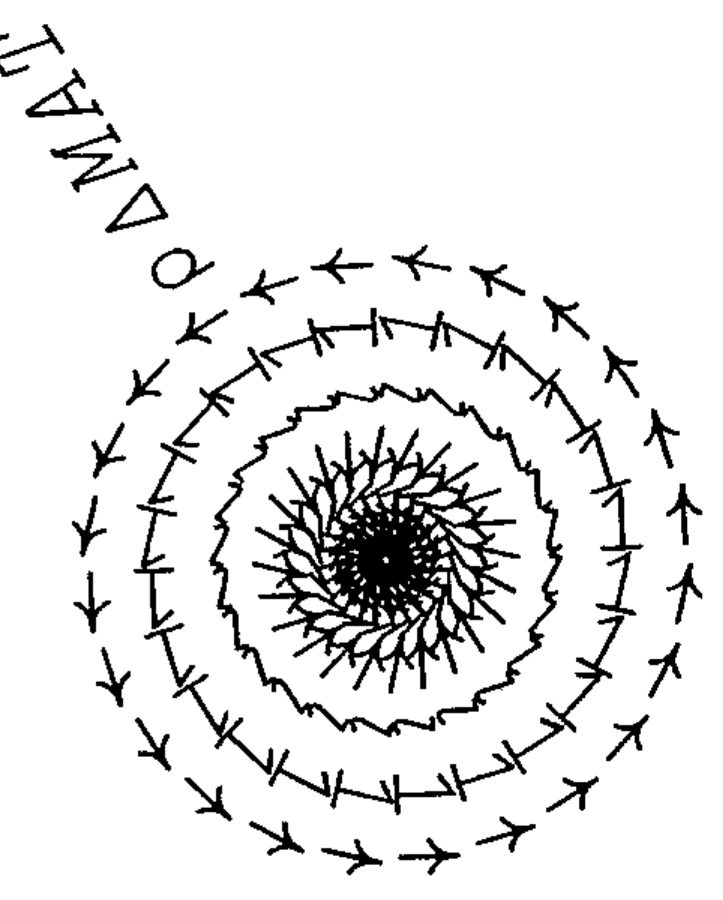 A PostScript drawing: the text ⍴∆MAT curving into a spiral of concentric rings of arrows and ticks, densest at the centre