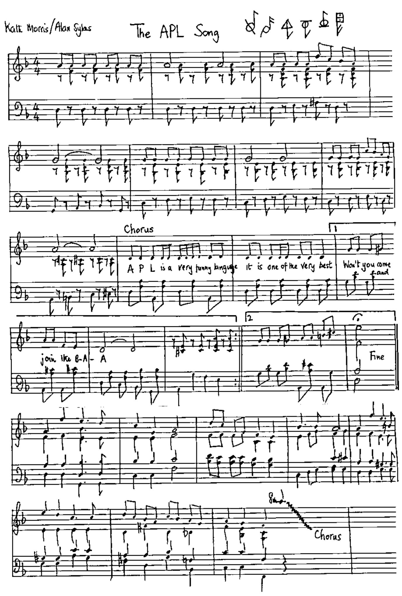 Hand-written score of “The APL Song”, by Katt Morris and Alan Sykes, for piano in F major and 4/4 time, with the chorus words “APL is a very funny language it is one of the very best Won't you come and join the B-A-A” under the melody, first and second endings, “Fine”, and a closing passage marked “Chorus”