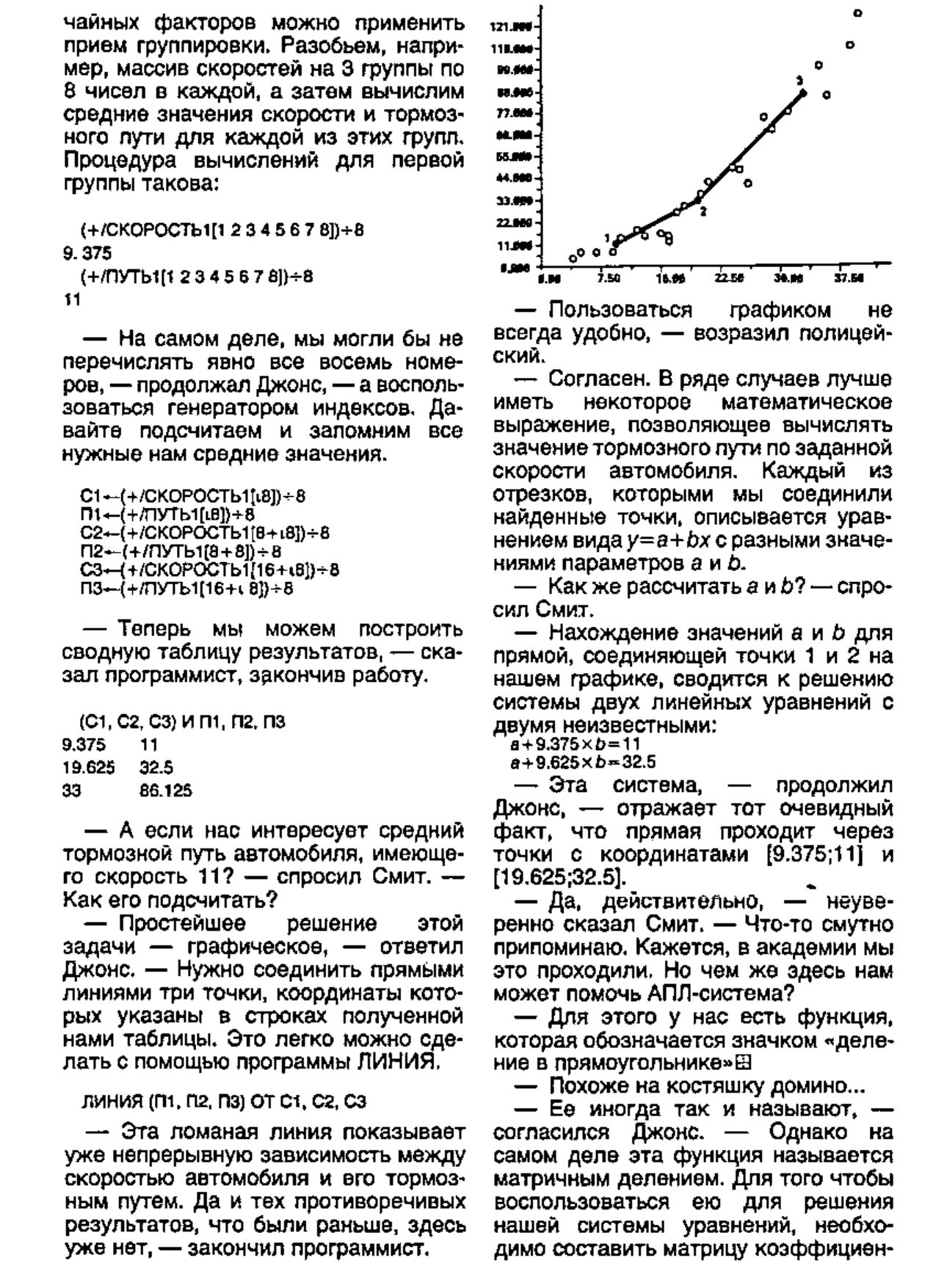 A page of the Russian original in two columns: a dialogue between characters named Jones and Smith on averaging car speeds and stopping distances in APL, with a scatter plot joined by a broken line